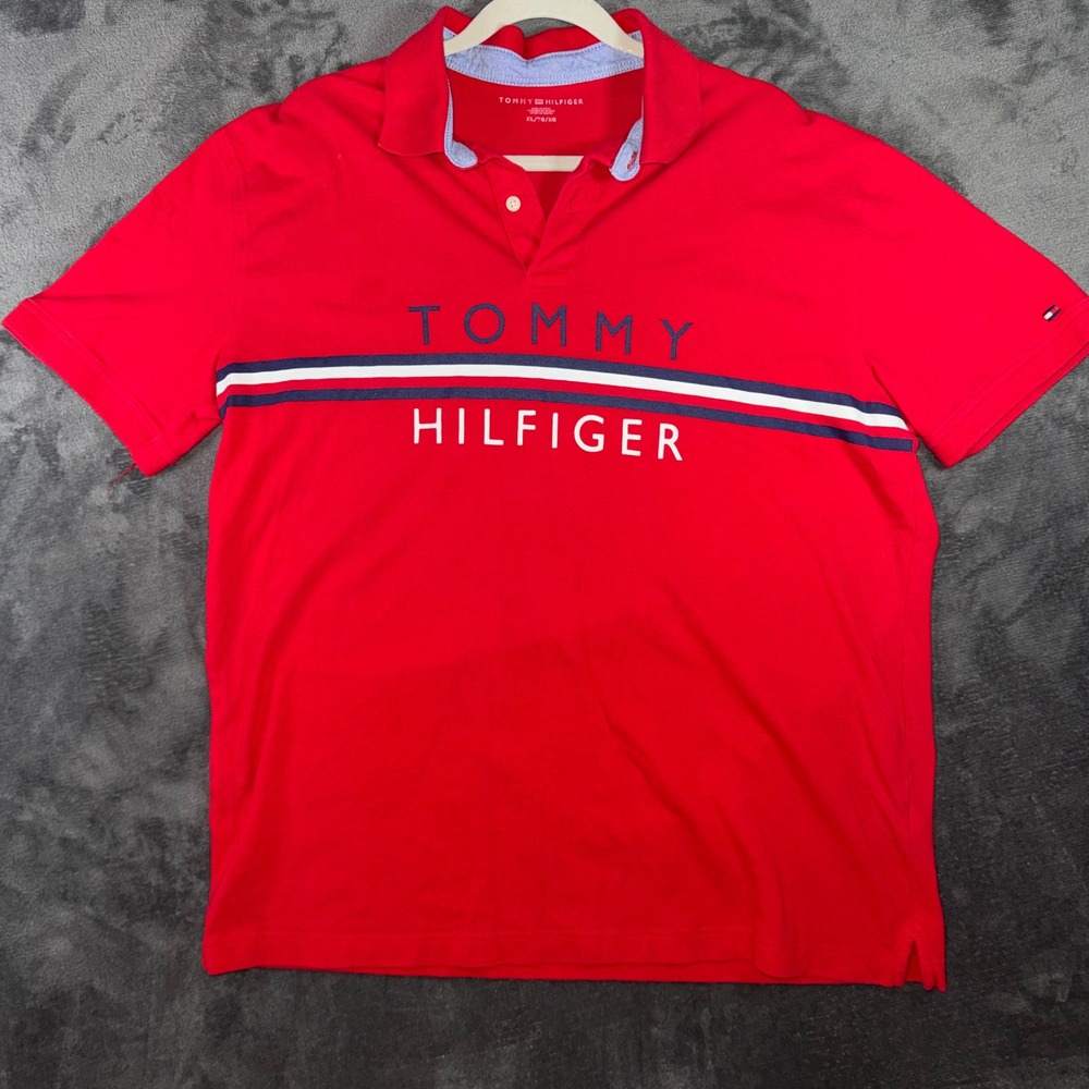 Mens XL Tommy Hilfiger Polo Shirt Red Vintage Graphic Stripe Short Sleeve